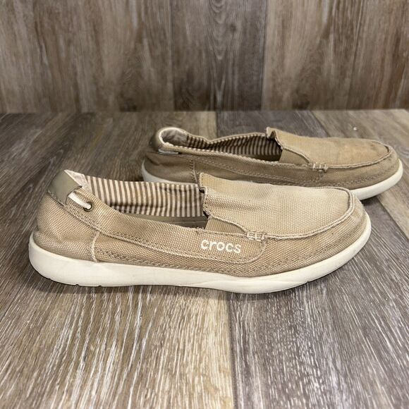 Crocs Walu II Canvas Loafer Boat Shoes 14391 Khaki Beige Stucco Womens US Size 7 - Picture 1 of 11